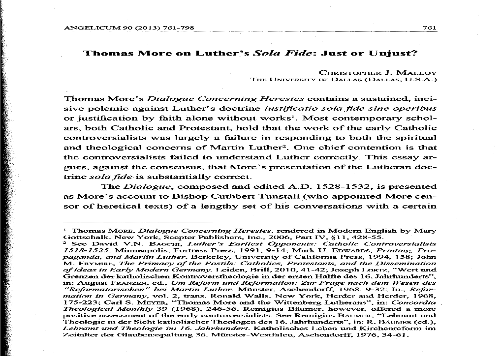 Thomas More on Luther's Sola Fide: Just Or Unjust?