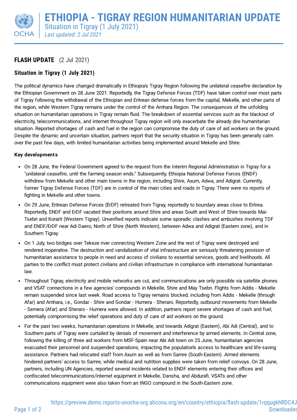 ETHIOPIA - TIGRAY REGION HUMANITARIAN UPDATE Situation in Tigray (1 July 2021) Last Updated: 2 Jul 2021