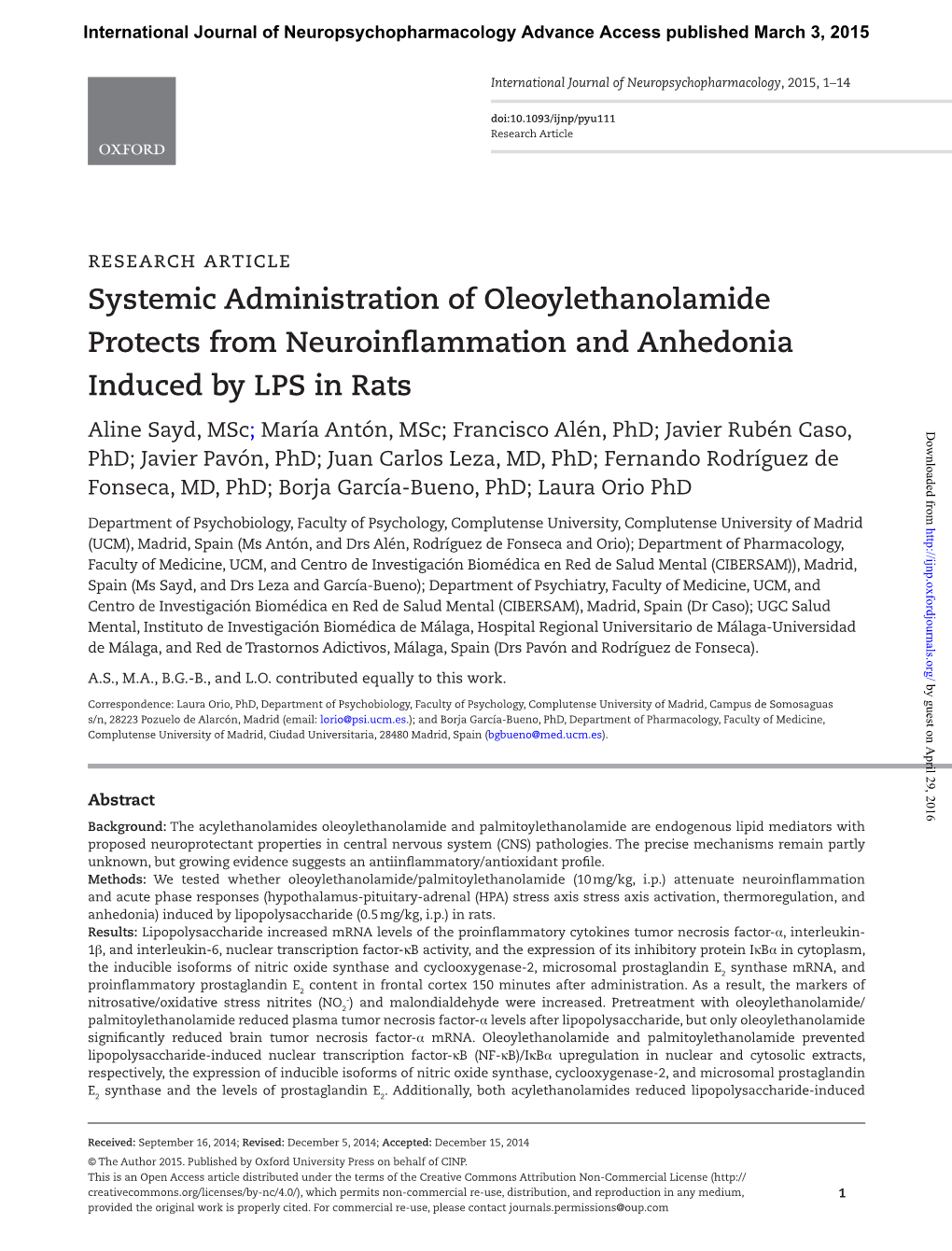 Systemic Administration of Oleoylethanolamide Protects from Neuroinflammation and Anhedonia Induced by LPS in Rats