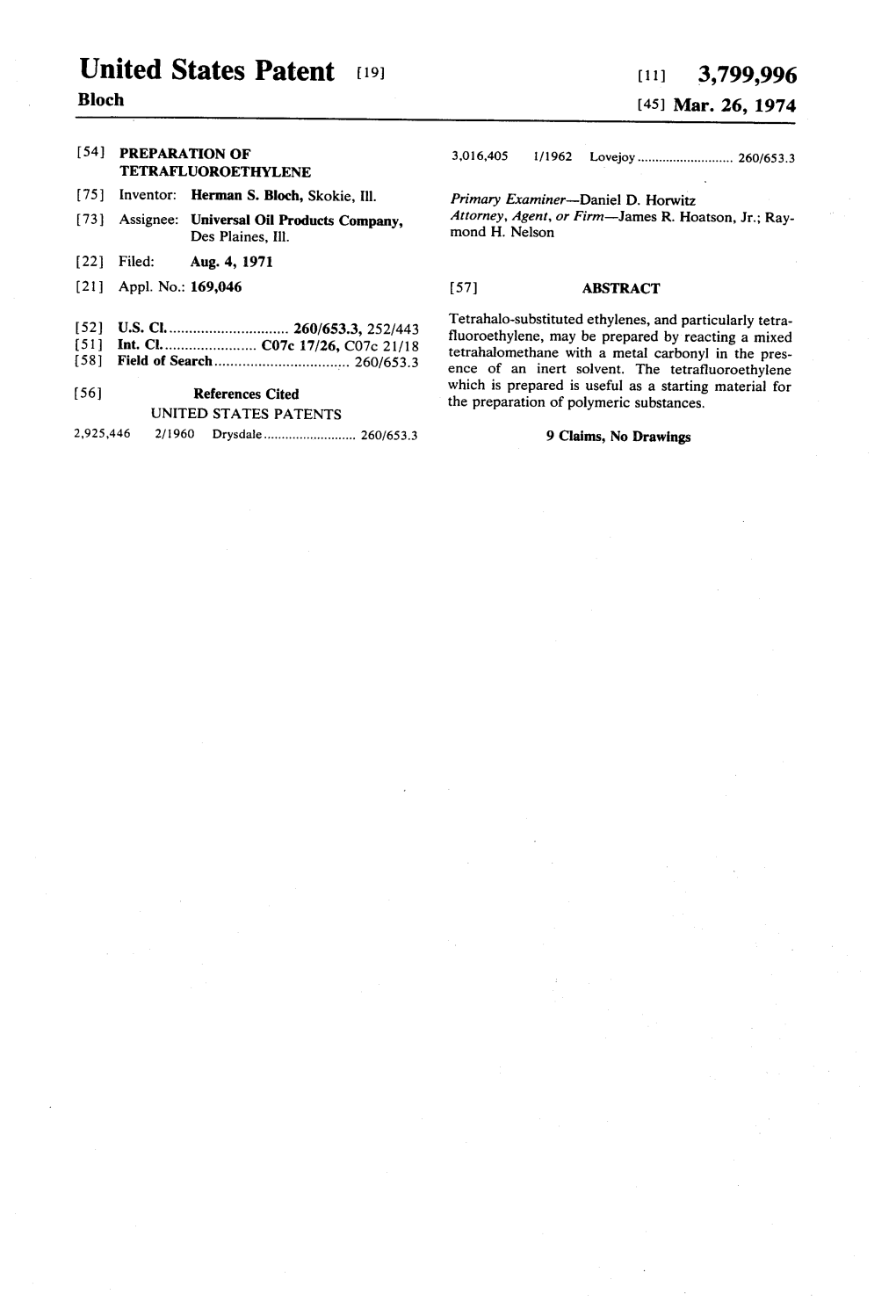 United States Patent (19) (11) 3,799,996 Bloch (45) Mar
