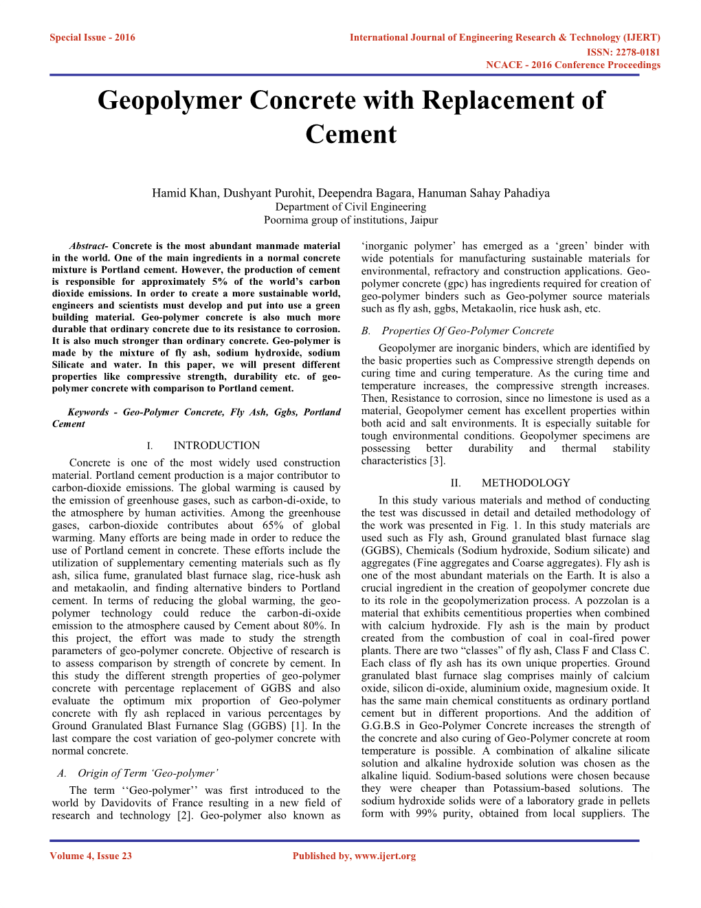 Geopolymer Concrete with Replacement of Cement