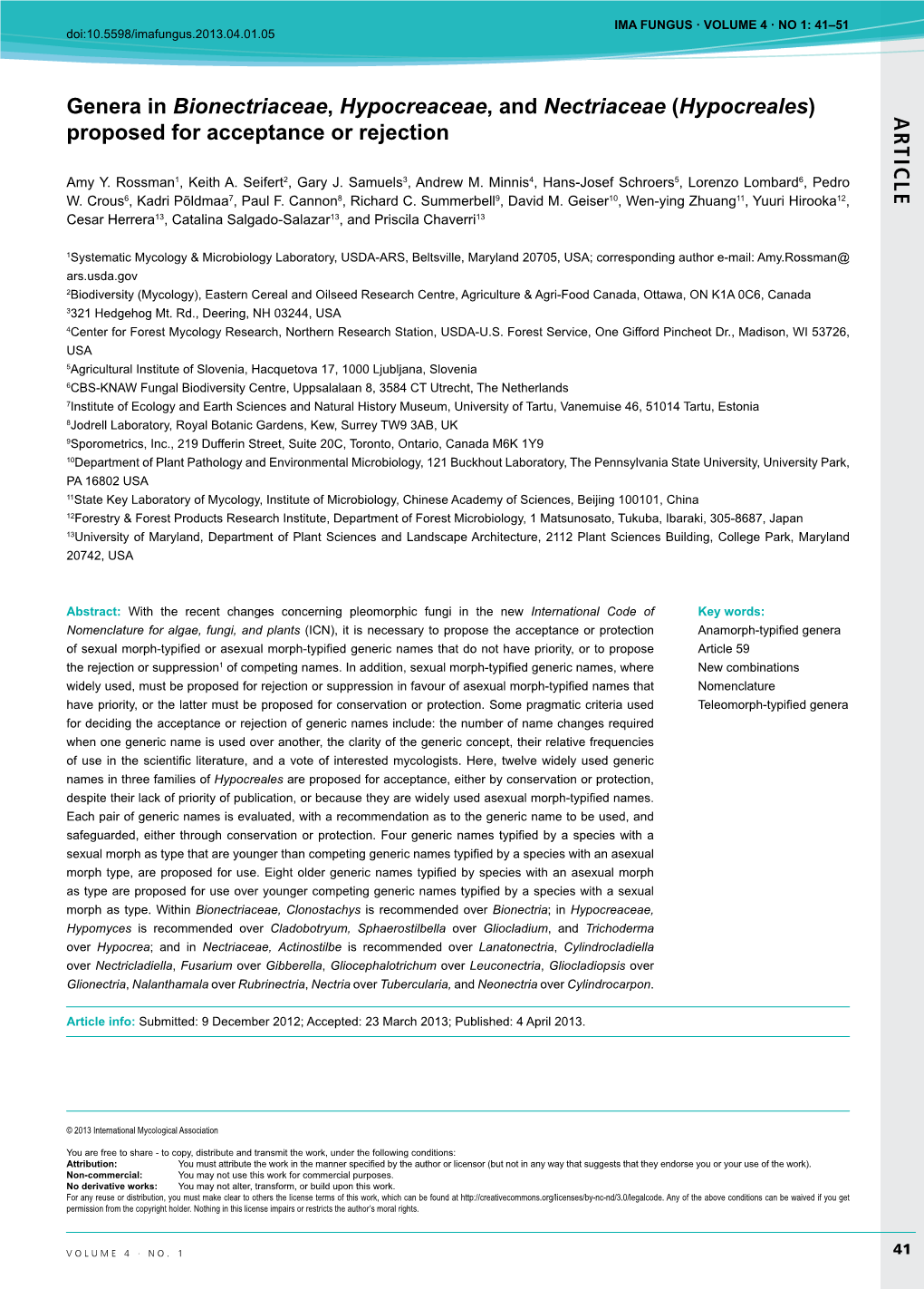 (Hypocreales) Proposed for Acceptance Or Rejection