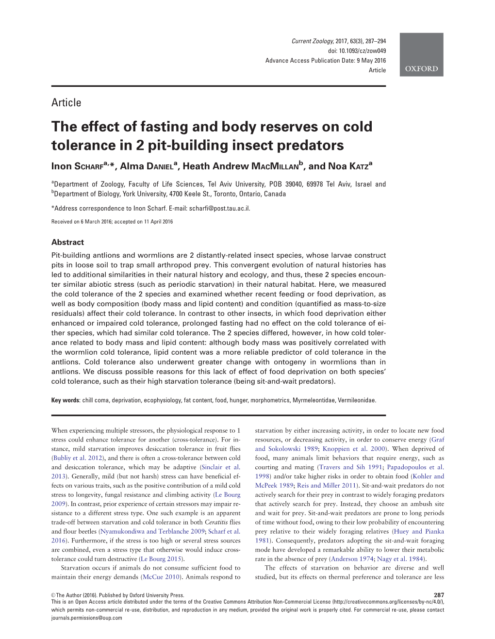 The Effect of Fasting and Body Reserves on Cold Tolerance in 2 Pit-Building Insect Predators