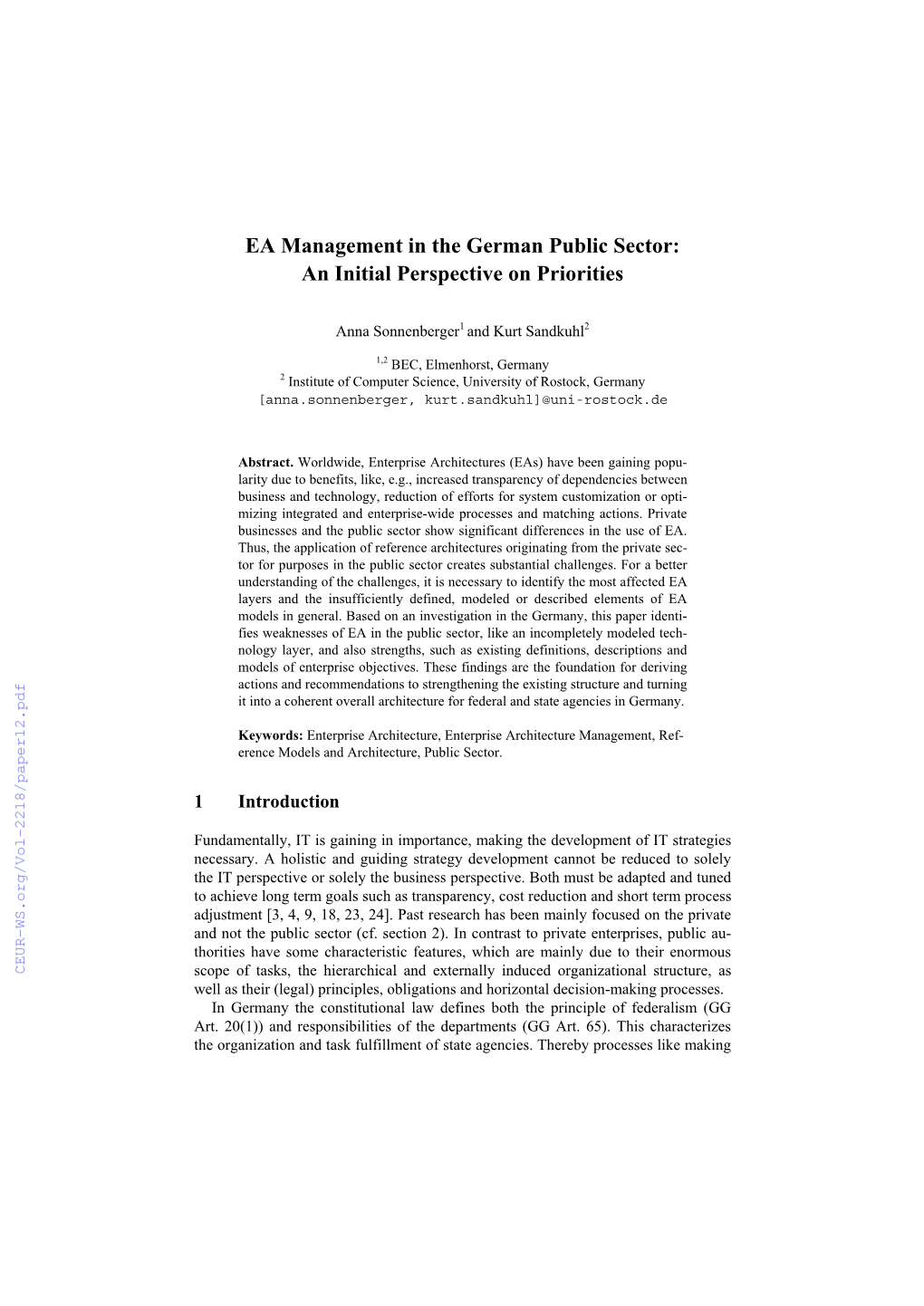 EA Management in the German Public Sector: an Initial Perspective on Priorities