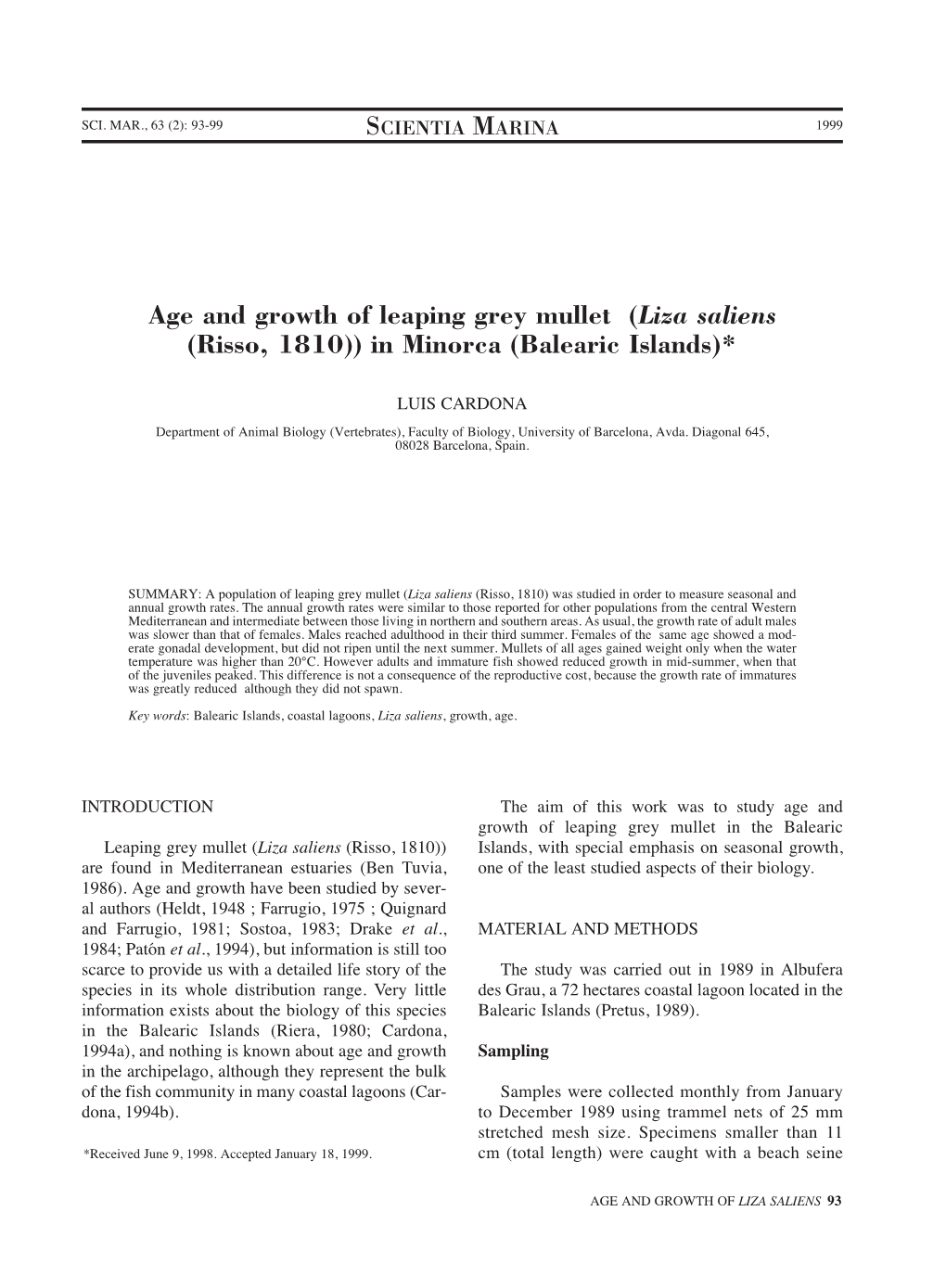 Age and Growth of Leaping Grey Mullet (Liza Saliens (Risso, 1810)) in Minorca (Balearic Islands)*