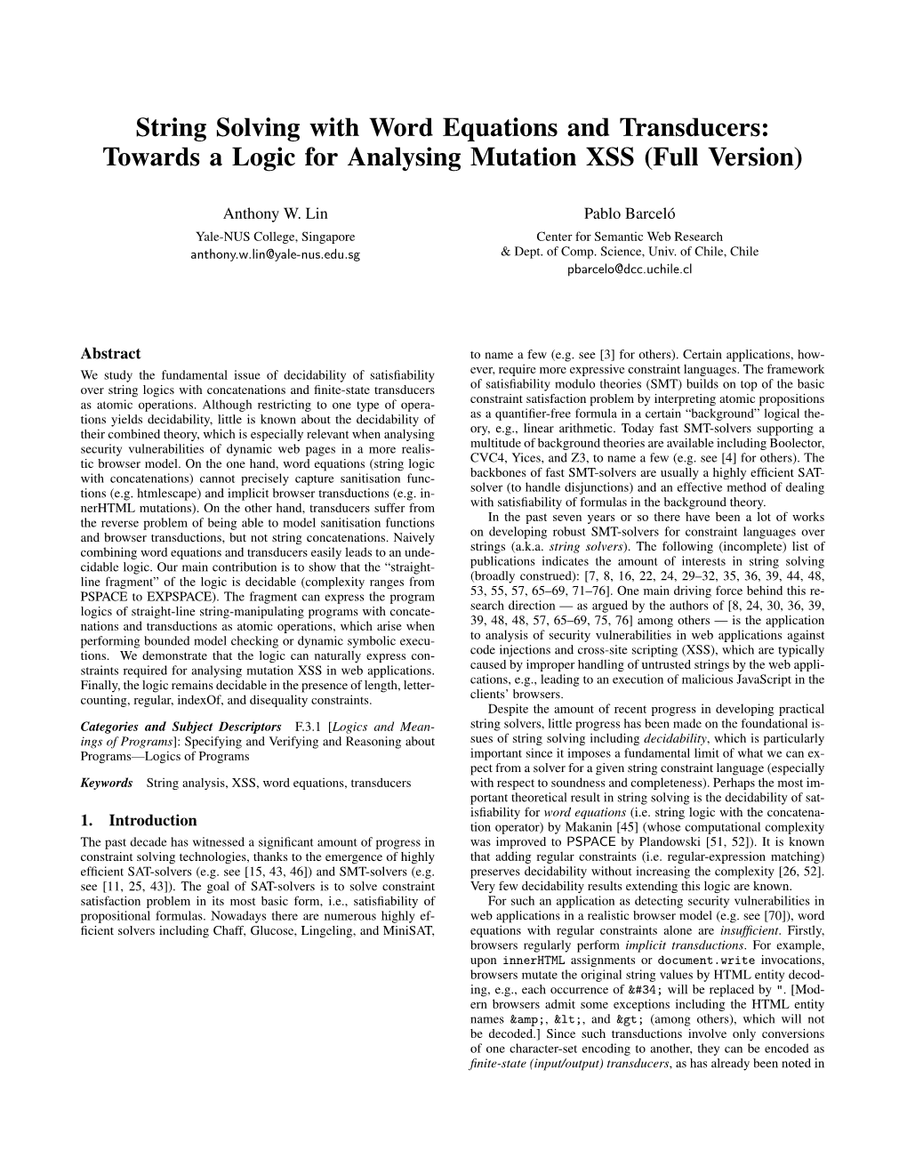 String Solving with Word Equations and Transducers: Towards a Logic for Analysing Mutation XSS (Full Version)