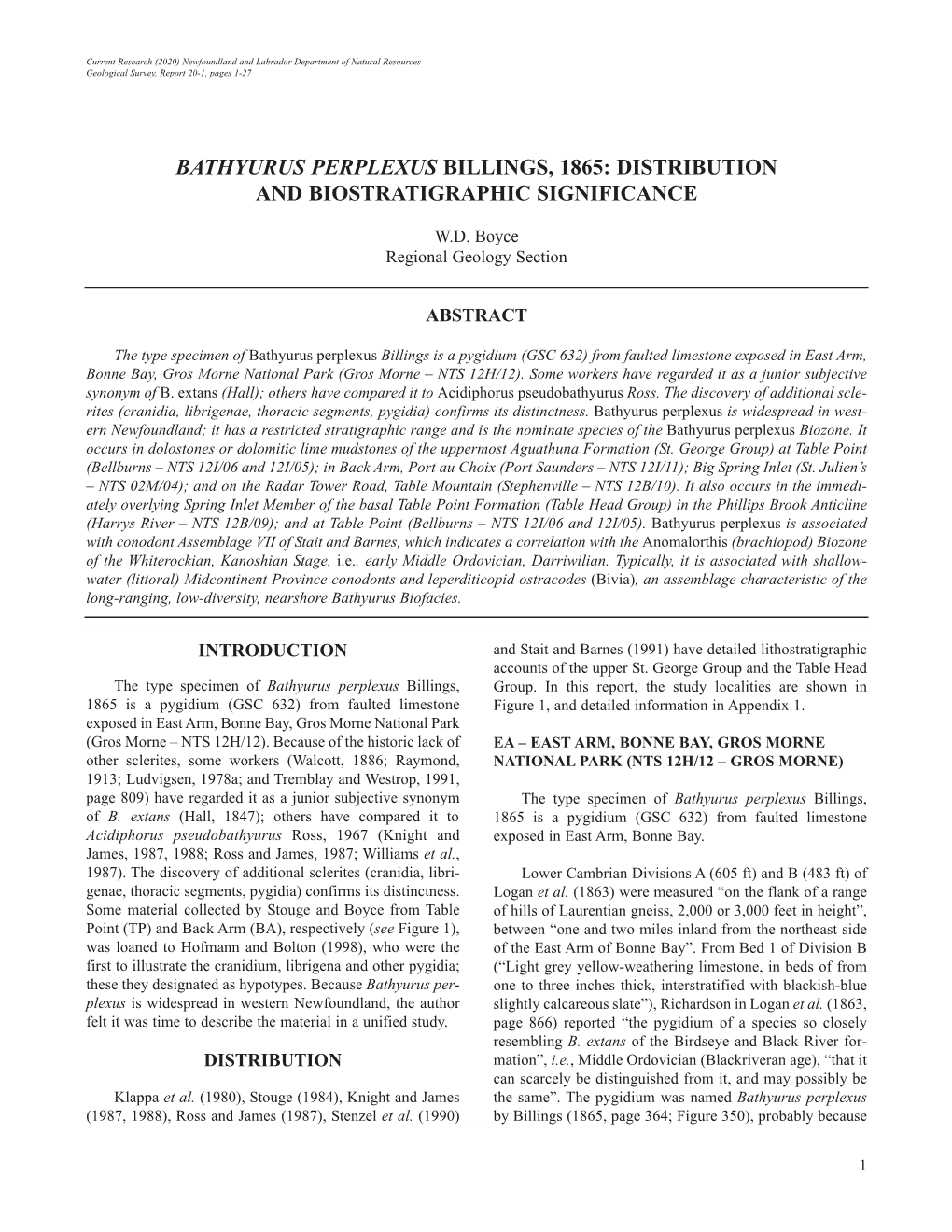 Bathyurus Perplexus Billings, 1865: Distribution and Biostratigraphic Significance