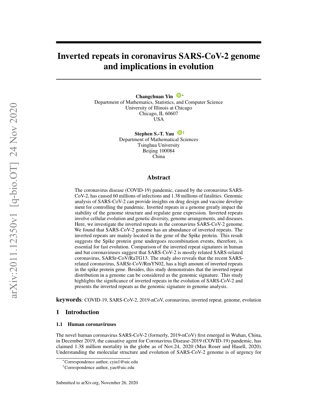 Inverted Repeats in Coronavirus SARS-Cov-2 Genome and Implications in Evolution