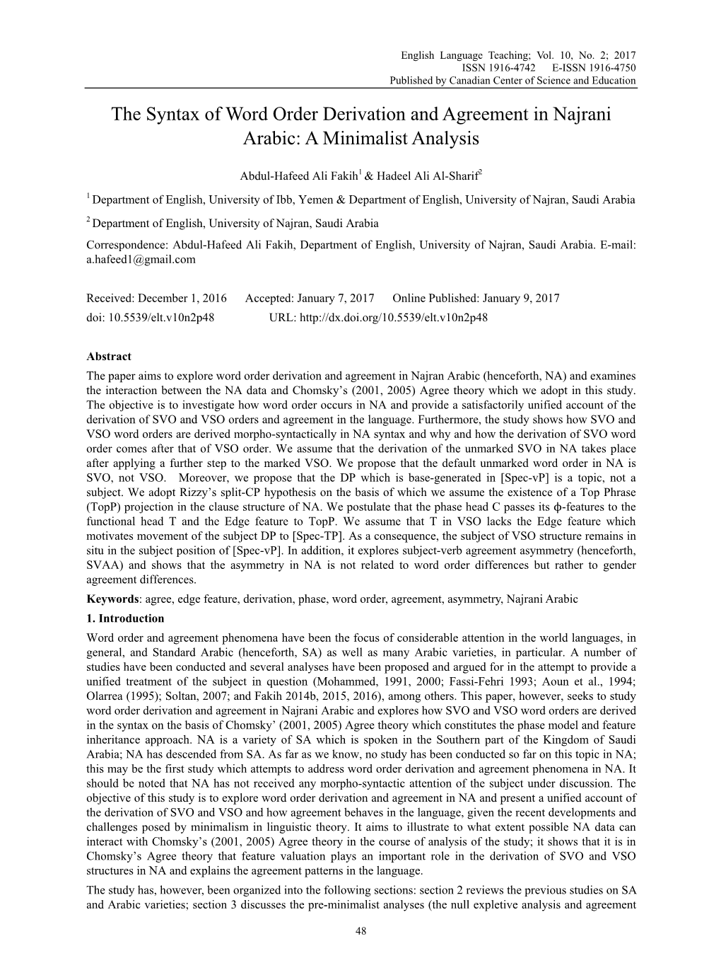 The Syntax of Word Order Derivation and Agreement in Najrani Arabic: a Minimalist Analysis