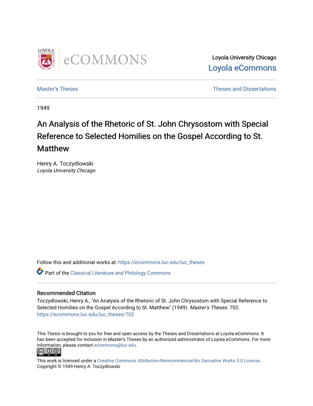 An Analysis of the Rhetoric of St. John Chrysostom with Special Reference to Selected Homilies on the Gospel According to St