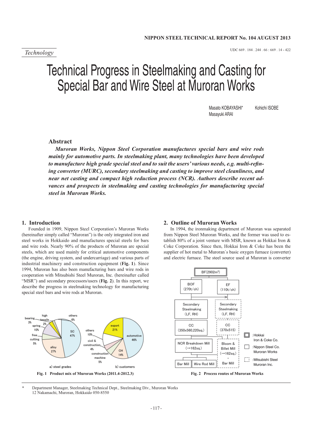 Technical Progress in Steelmaking and Casting for Special Bar and Wire Steel at Muroran Works