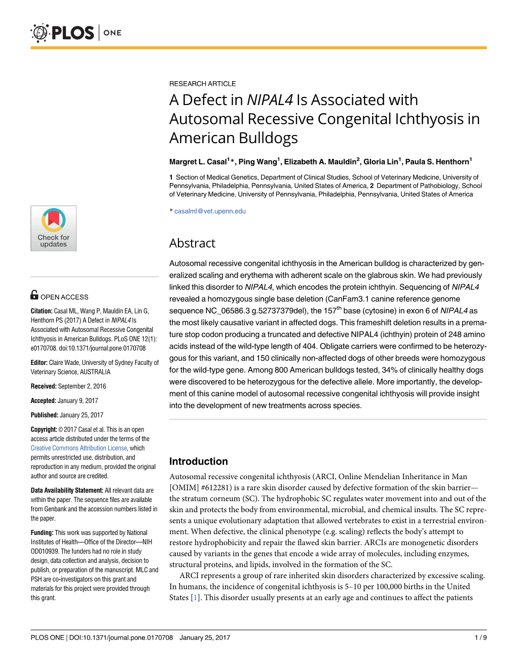 A Defect in NIPAL4 Is Associated with Autosomal Recessive Congenital Ichthyosis in American Bulldogs