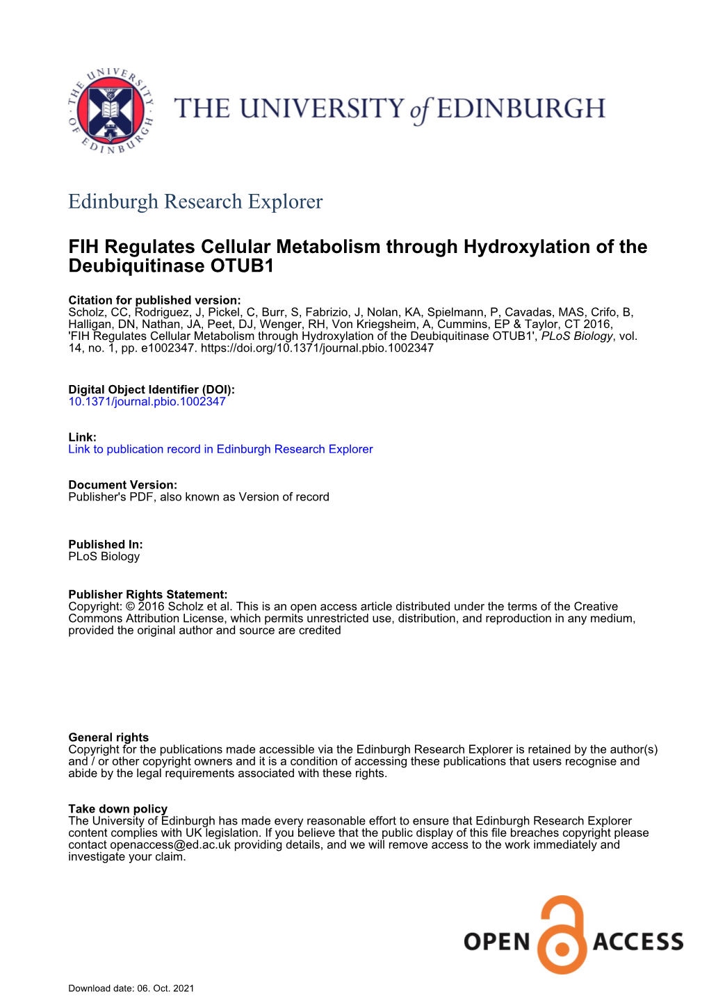 FIH Regulates Cellular Metabolism Through Hydroxylation of The