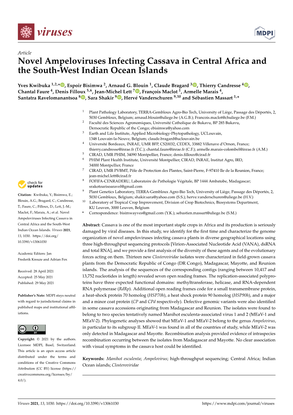 Novel Ampeloviruses Infecting Cassava in Central Africa and the South-West Indian Ocean Islands