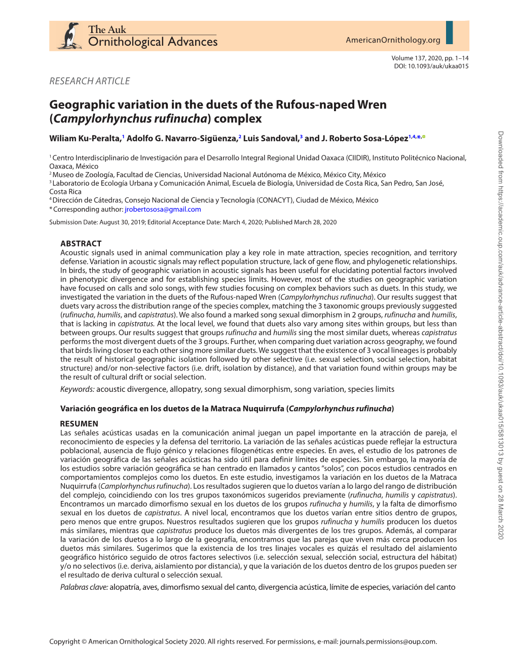 Geographic Variation in the Duets of the Rufous-Naped