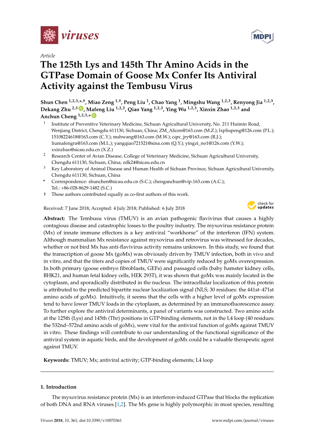 The 125Th Lys and 145Th Thr Amino Acids in the Gtpase Domain of Goose Mx Confer Its Antiviral Activity Against the Tembusu Virus