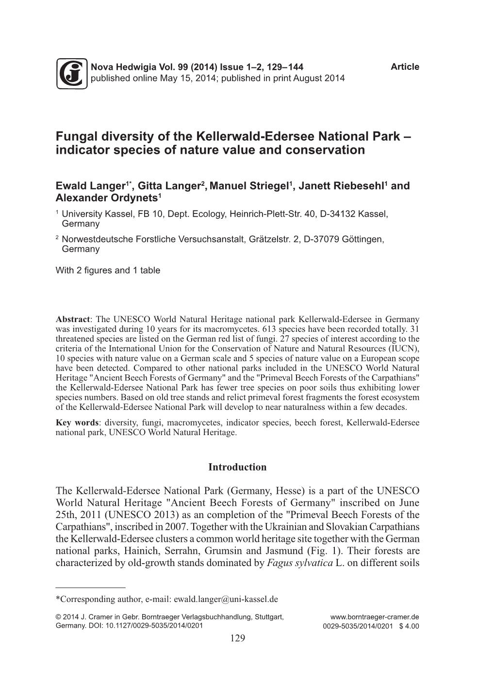 Fungal Diversity of the Kellerwald-Edersee National Park – Indicator Species of Nature Value and Conservation