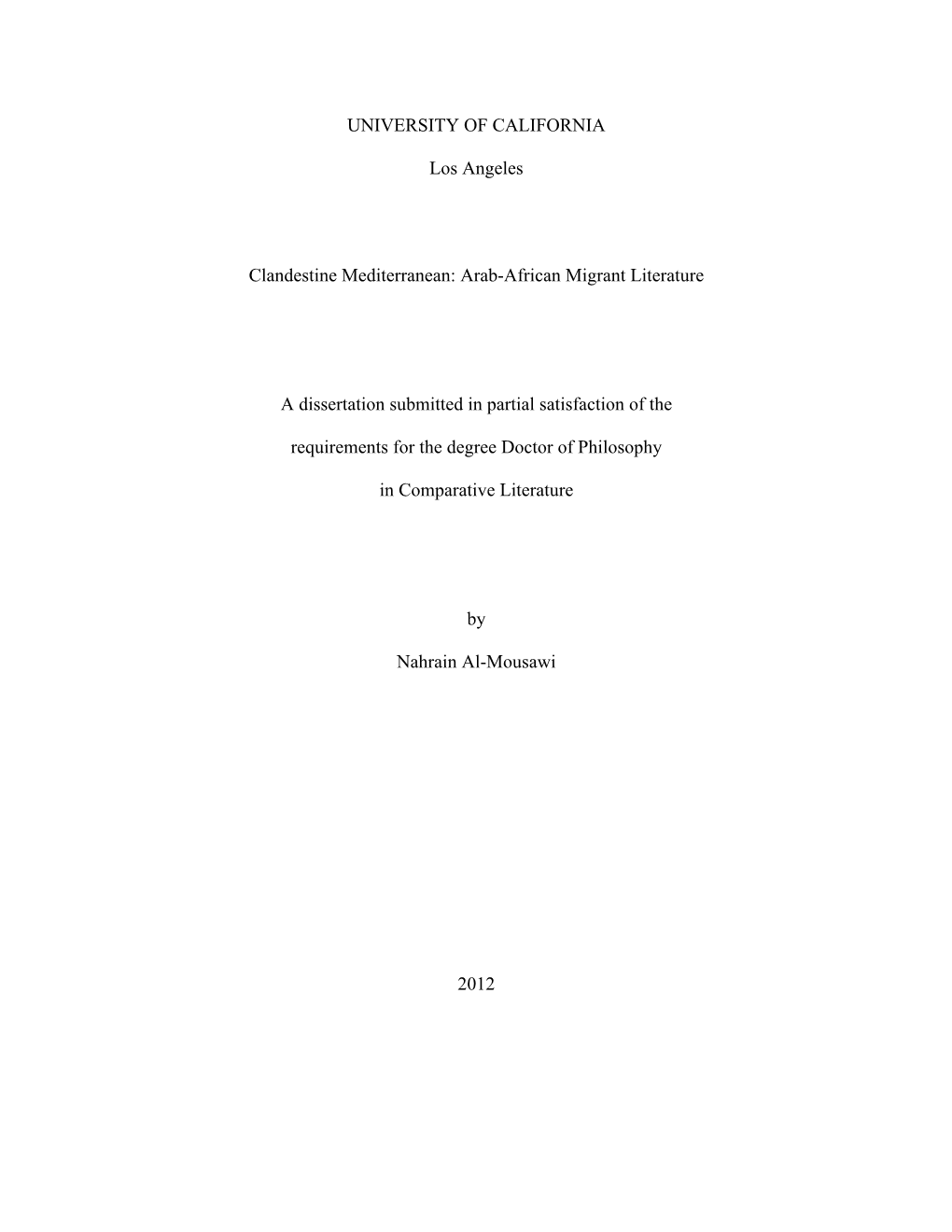 Arab-African Migrant Literature a Dissertation