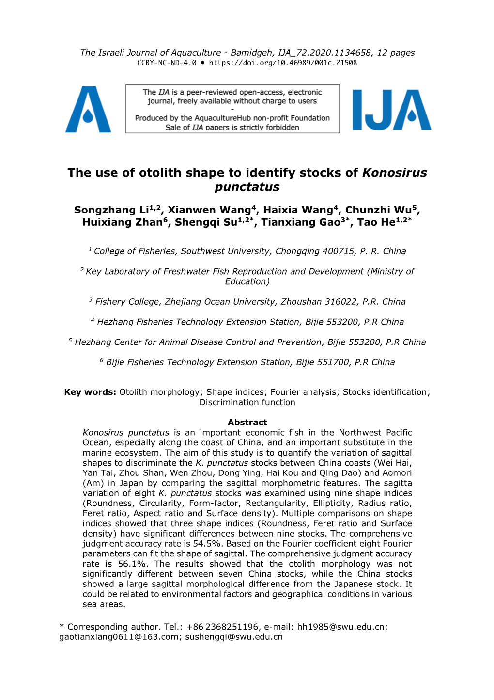 The Use of Otolith Shape to Identify Stocks of Konosirus Punctatus