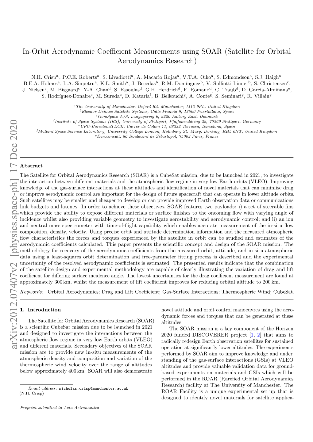 In-Orbit Aerodynamic Coefficient Measurements Using SOAR