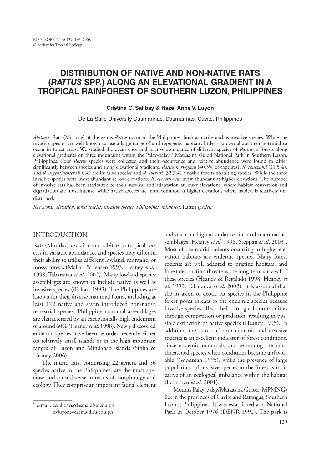 Distribution of Native and Non-Native Rats (Rattus Spp.) Along an Elevational Gradient in a Tropical Rainforest of Southern Luzon, Philippines