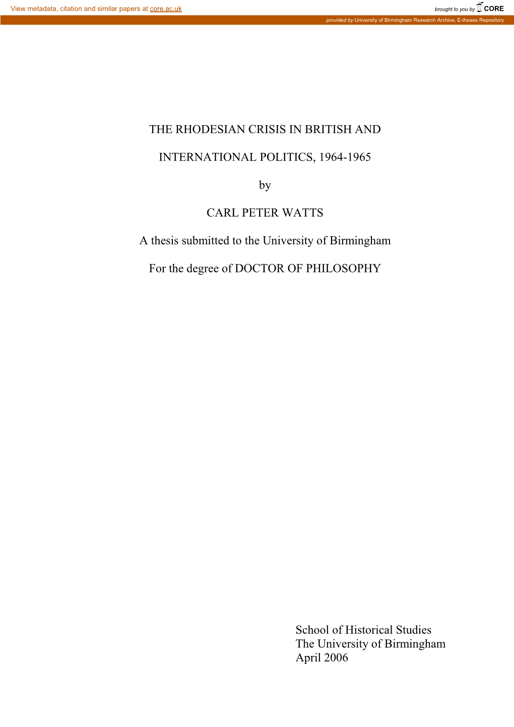 The Rhodesian Crisis in British and International Politics, 1964