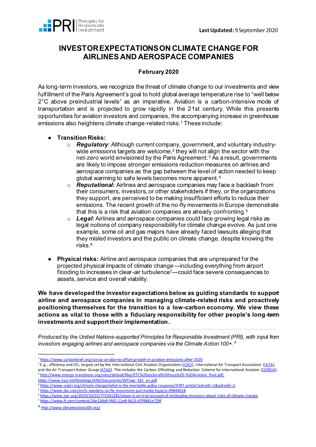 Investor Expectations on Climate Change for Airlines and Aerospace Companies