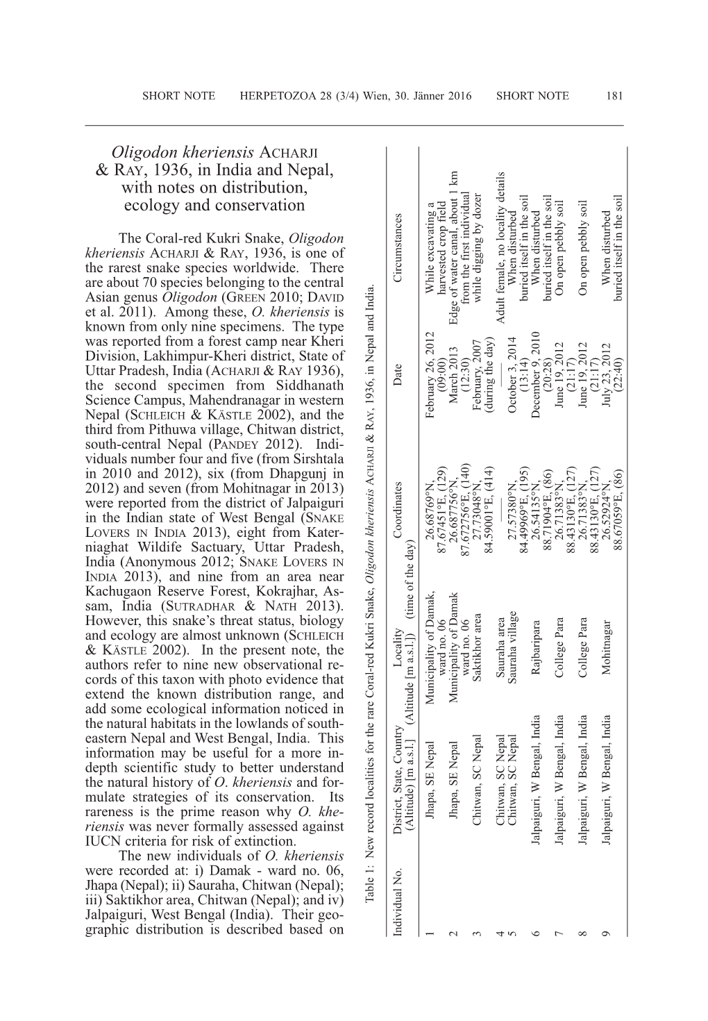 Oligodon Kheriensis Acharji & Ray, 1936, in India and Nepal, with Notes