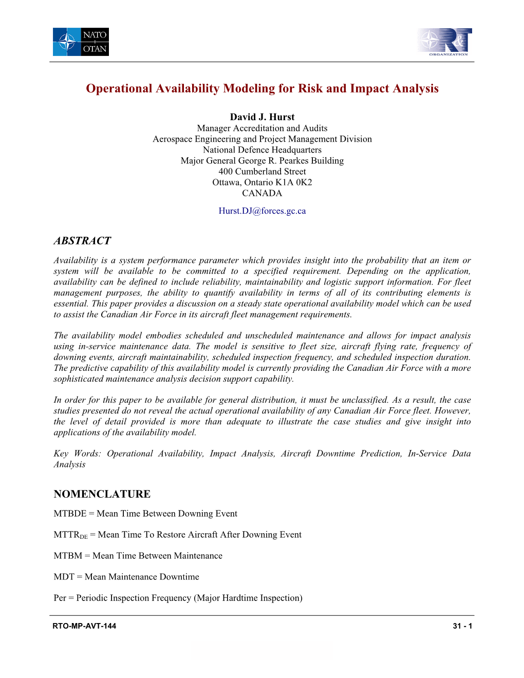 Operational Availability Modeling for Risk and Impact Analysis