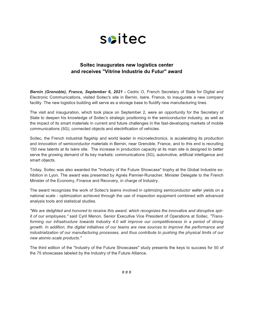 Soitec Inaugurates New Logistics Center and Receives 