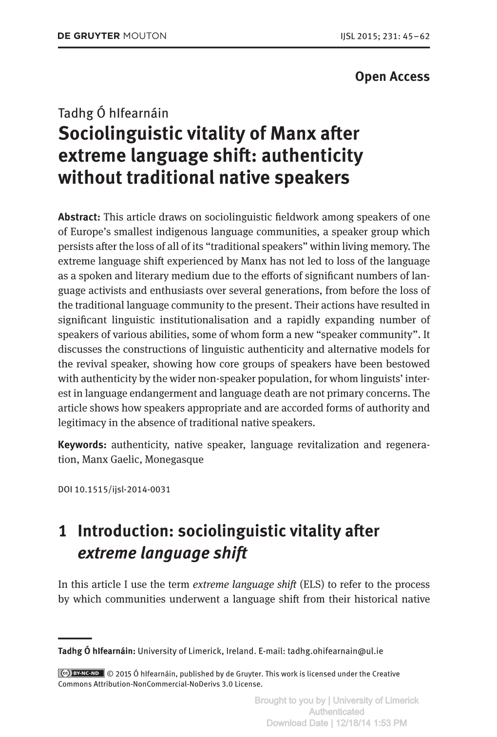 Sociolinguistic Vitality of Manx After Extreme Language Shift: Authenticity Without Traditional Native Speakers