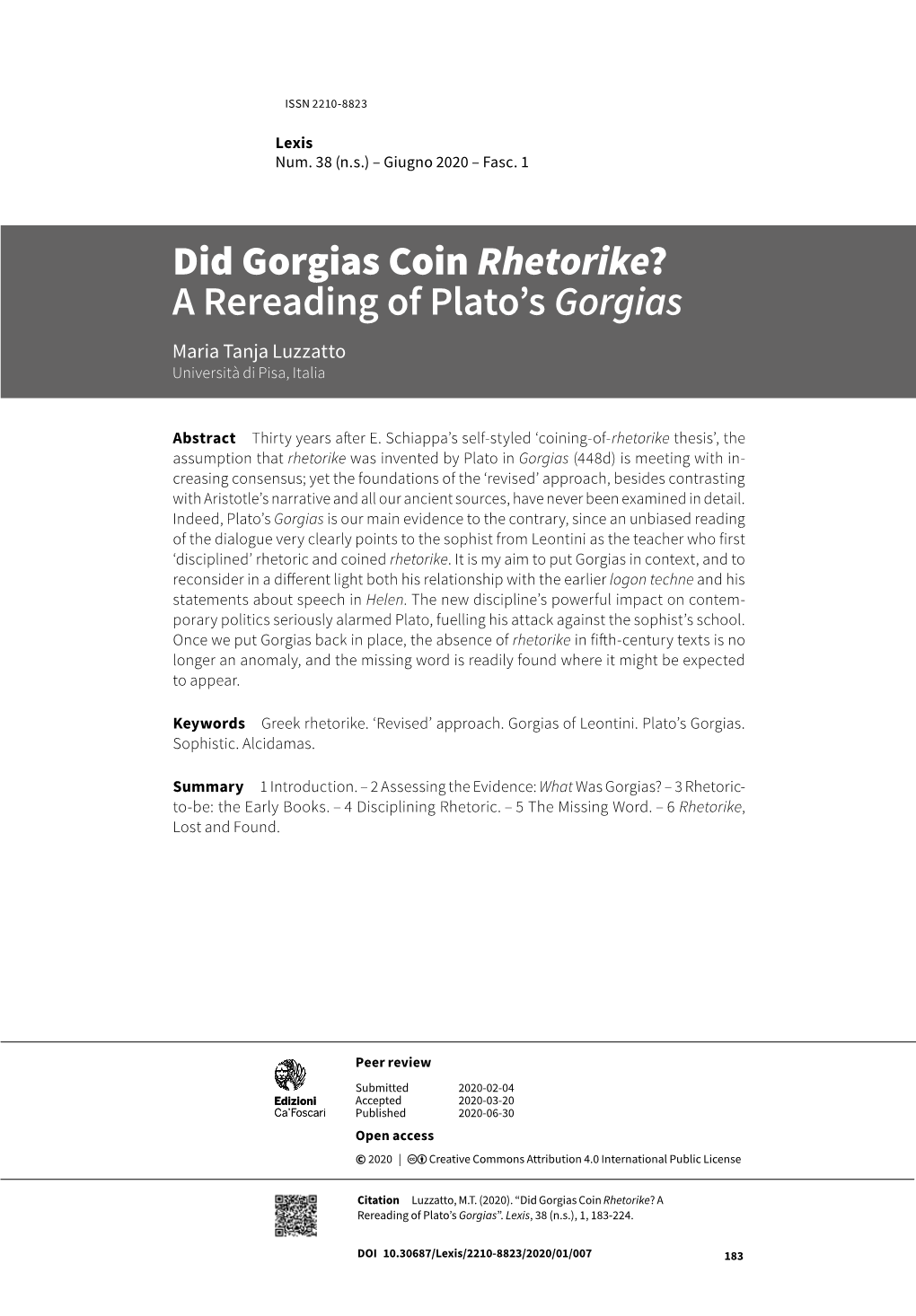 Did Gorgias Coin Rhetorike? a Rereading of Plato's Gorgias