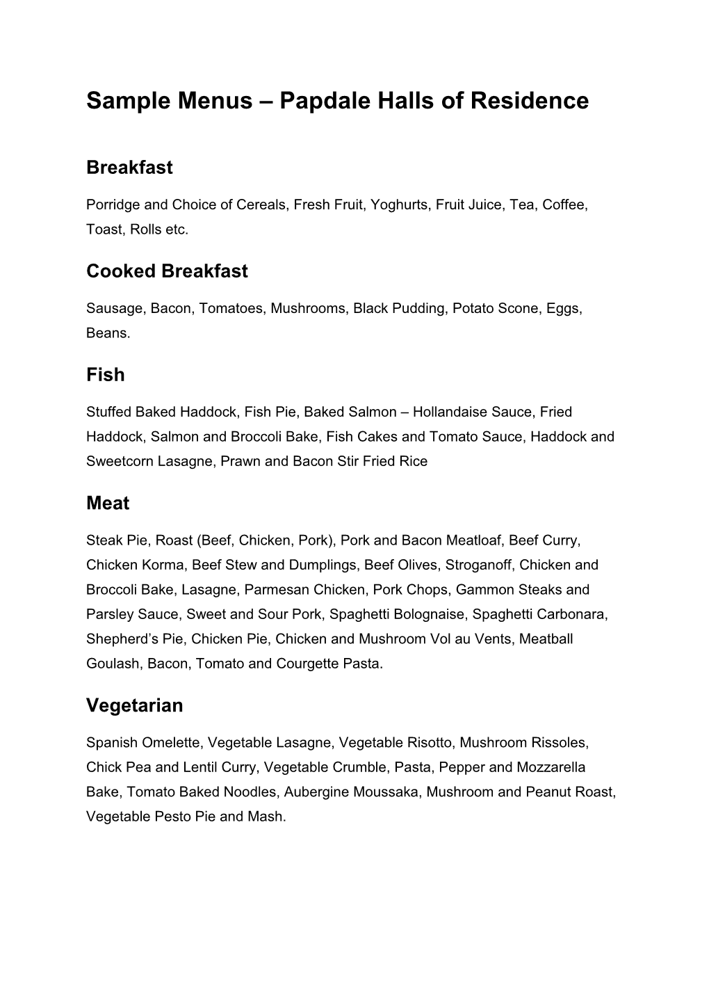 Sample Menus – Papdale Halls of Residence