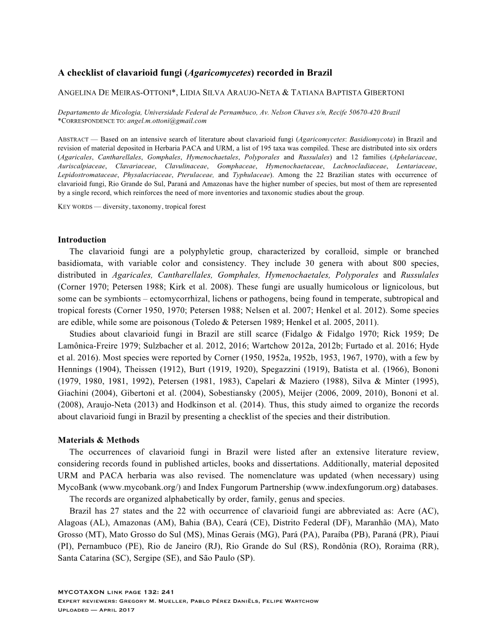 A Checklist of Clavarioid Fungi (Agaricomycetes) Recorded in Brazil