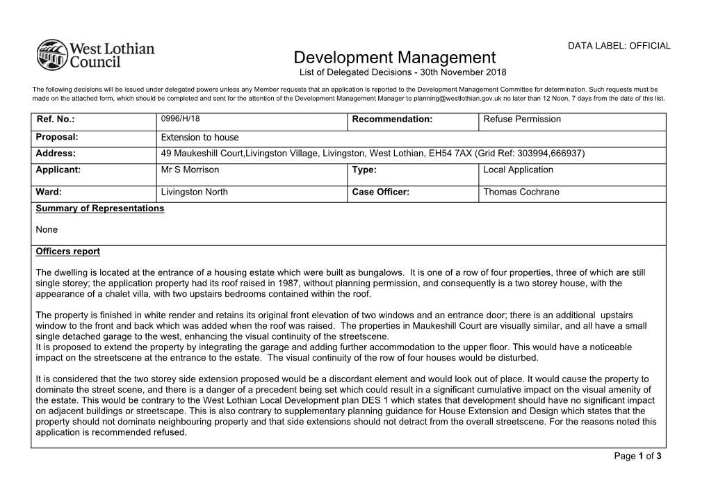 Development Management List of Delegated Decisions - 30Th November 2018