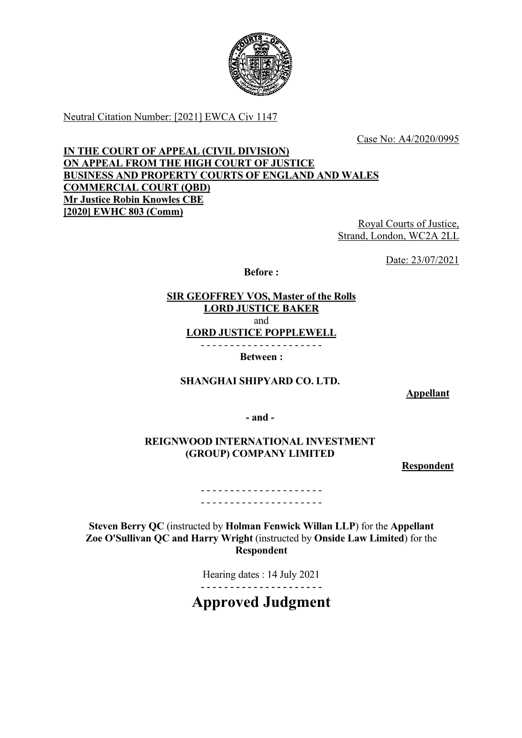 Shanghai Shipyard V Reignwood International Investment Judgment