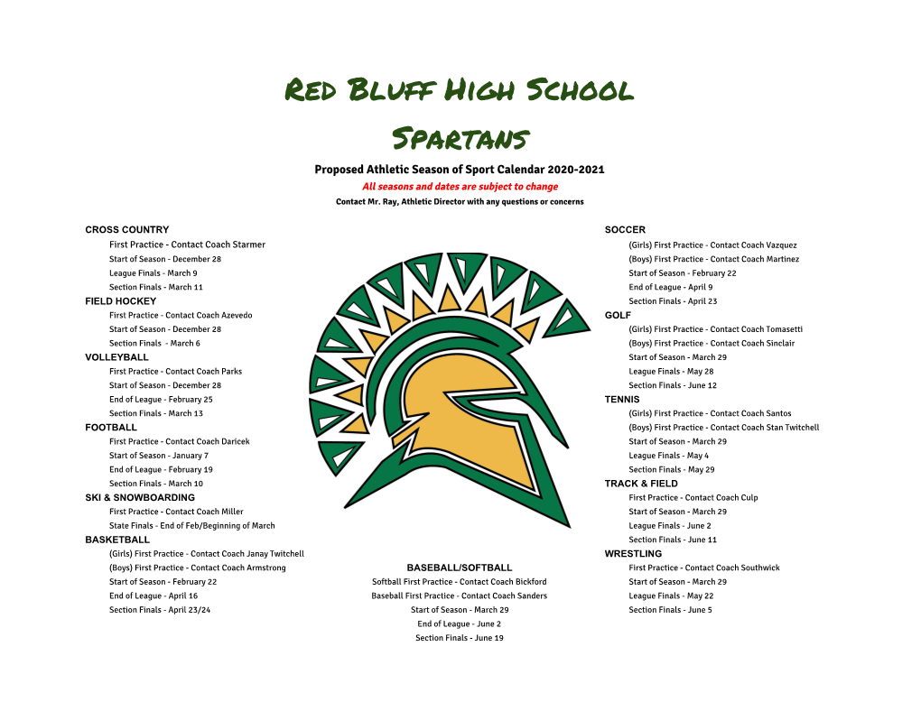 Proposed Season of Sports 2020-2021