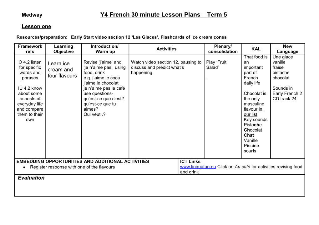 Medway Y4 French 30 Minute Lesson Plans Term 5