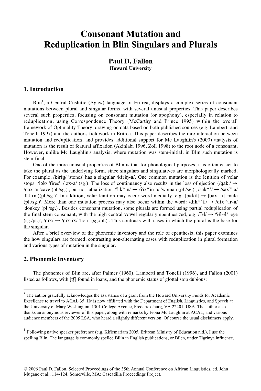 Consonant Mutation and Reduplication in Blin Singulars and Plurals