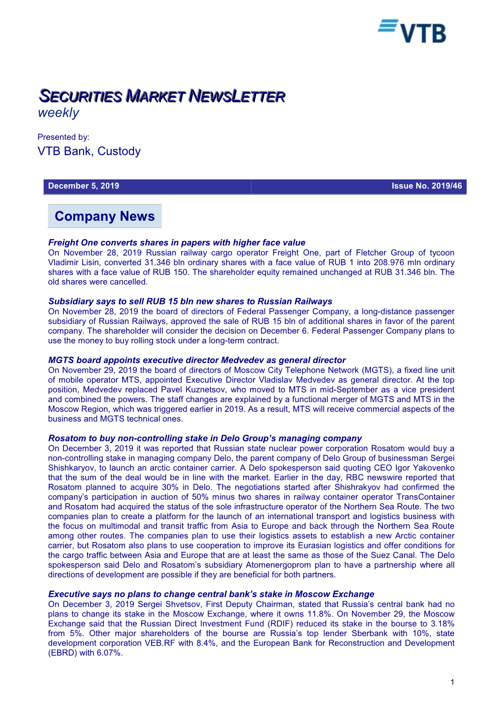 Company News SECURITIES MARKET NEWS LETTER Weekly