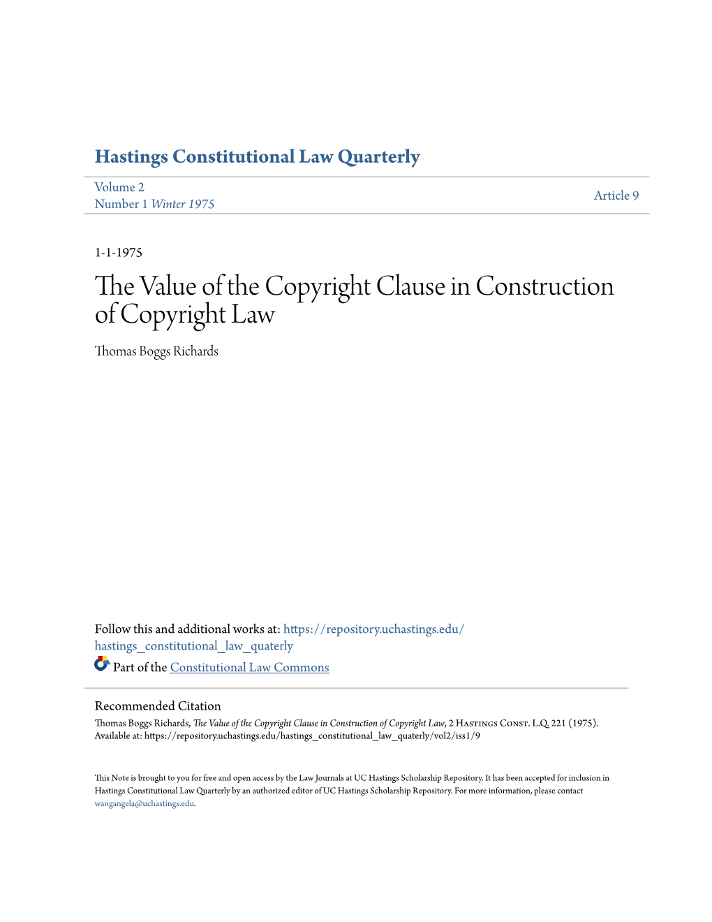 The Value of the Copyright Clause in Construction of Copyright Law, 2 Hastings Const