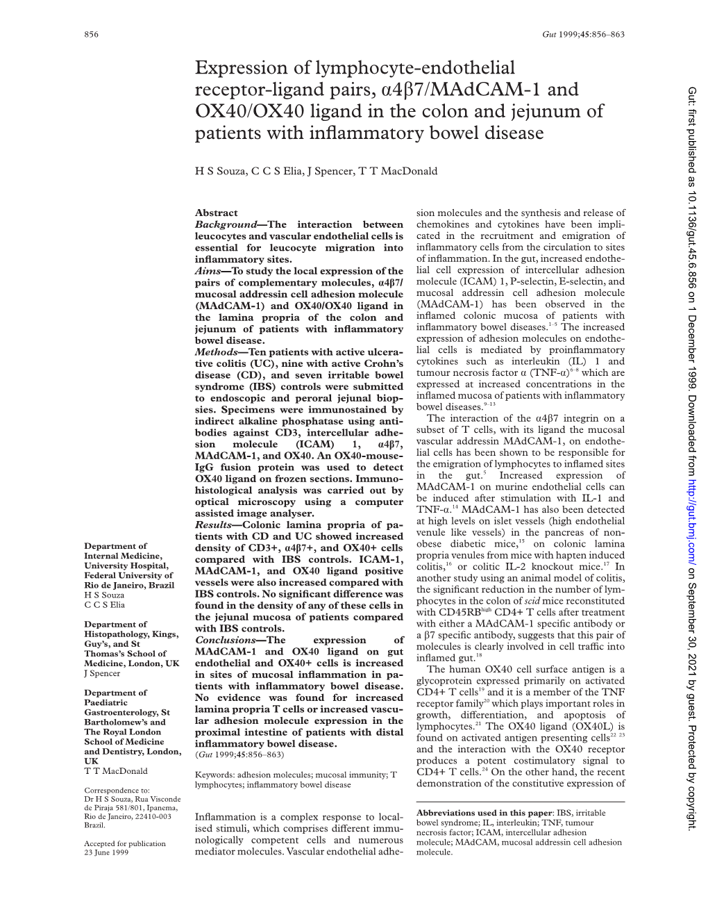 Expression of Lymphocyte-Endothelial Receptor-Ligand Pairs, Α4β7