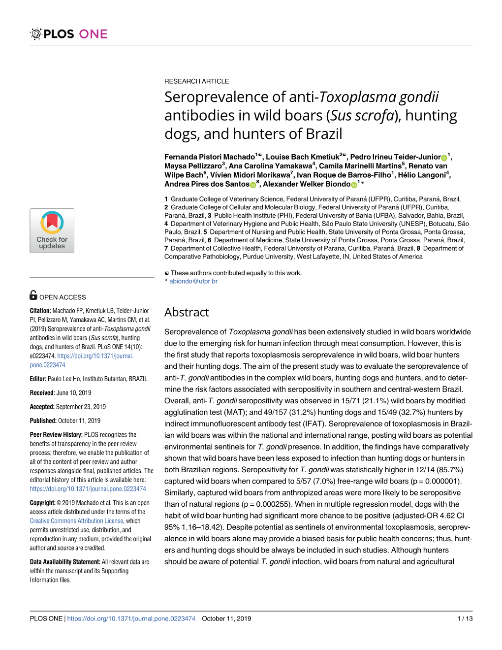 Seroprevalence of Anti-Toxoplasma Gondii Antibodies in Wild Boars (Sus Scrofa), Hunting Dogs, and Hunters of Brazil