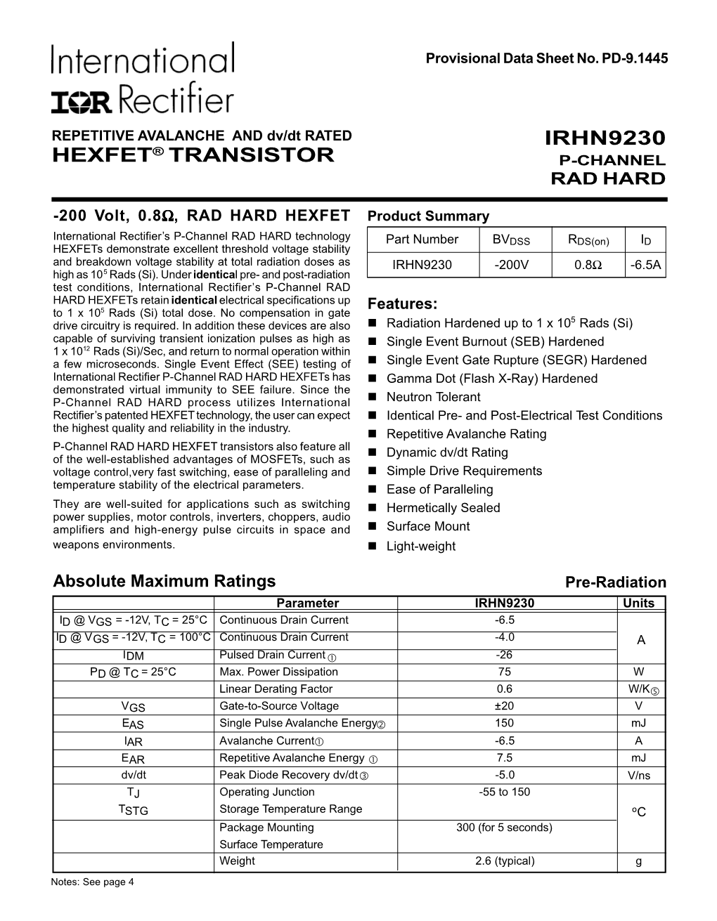 Hexfet® Transistor Irhn9230