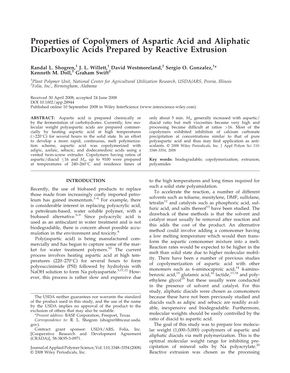 Properties of Copolymers of Aspartic Acid and Aliphatic Dicarboxylic Acids Prepared by Reactive Extrusion