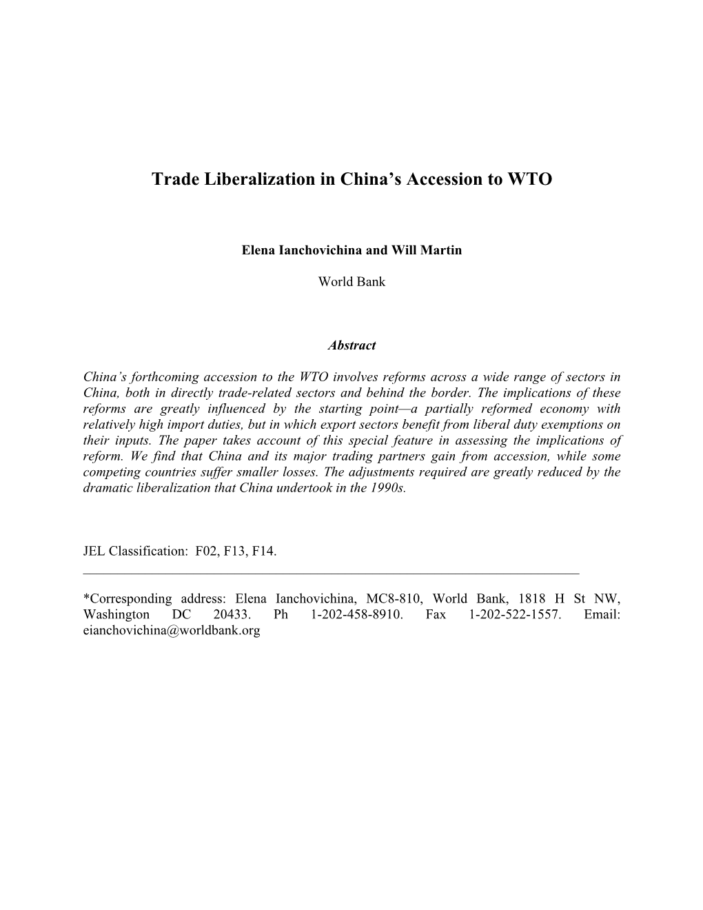 Trade Liberalization in China's Accession To