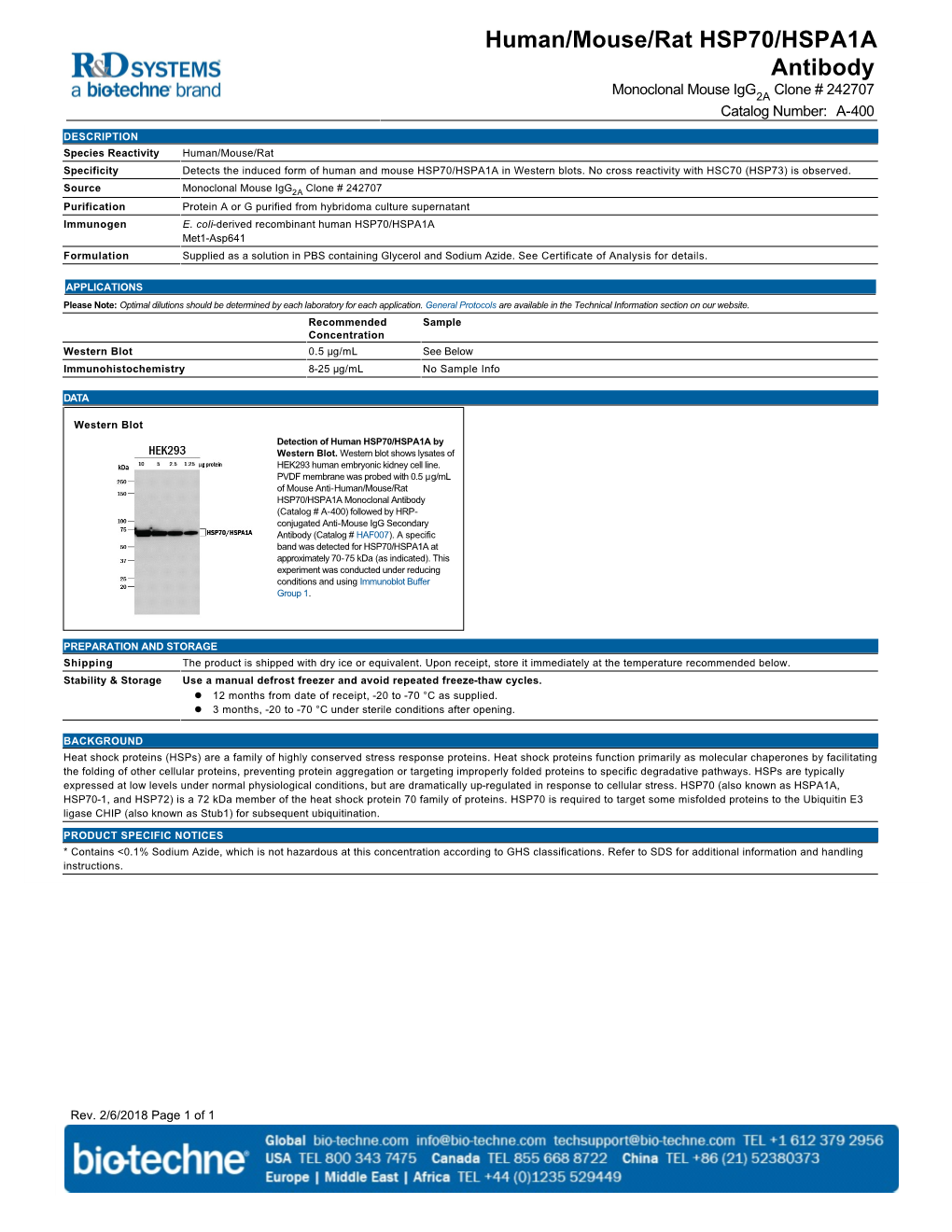 Human/Mouse/Rat HSP70/HSPA1A Antibody