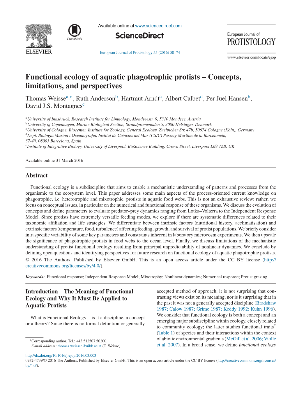 Functional Ecology of Aquatic Phagotrophic Protists – Concepts, Limitations, and Perspectives