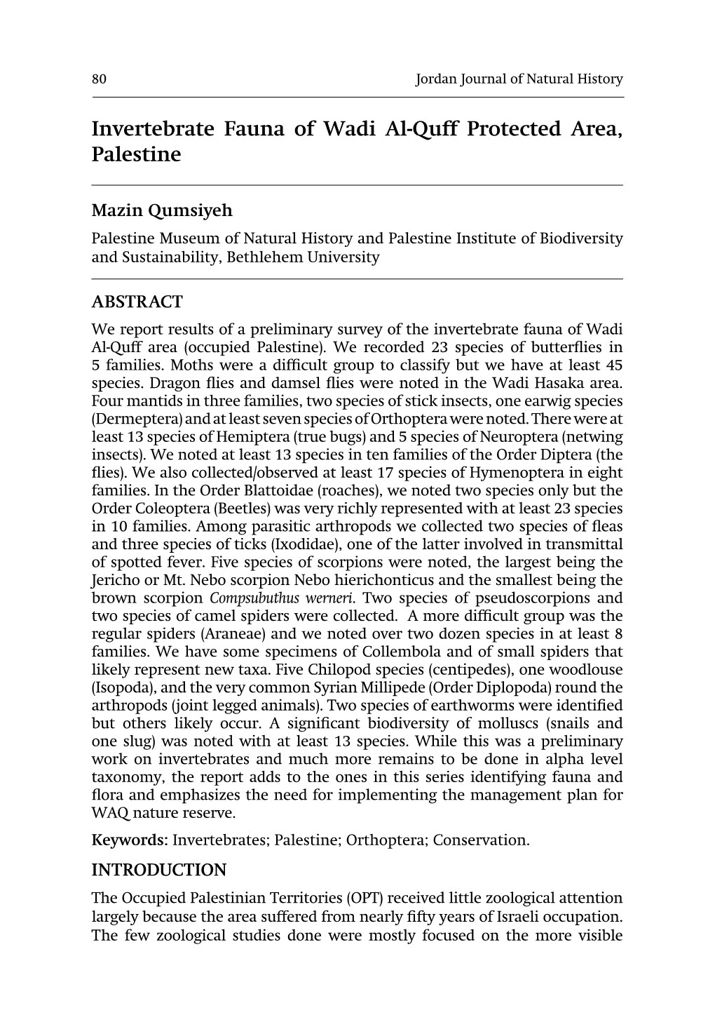 Invertebrate Fauna of Wadi Al-Quff Protected Area, Palestine