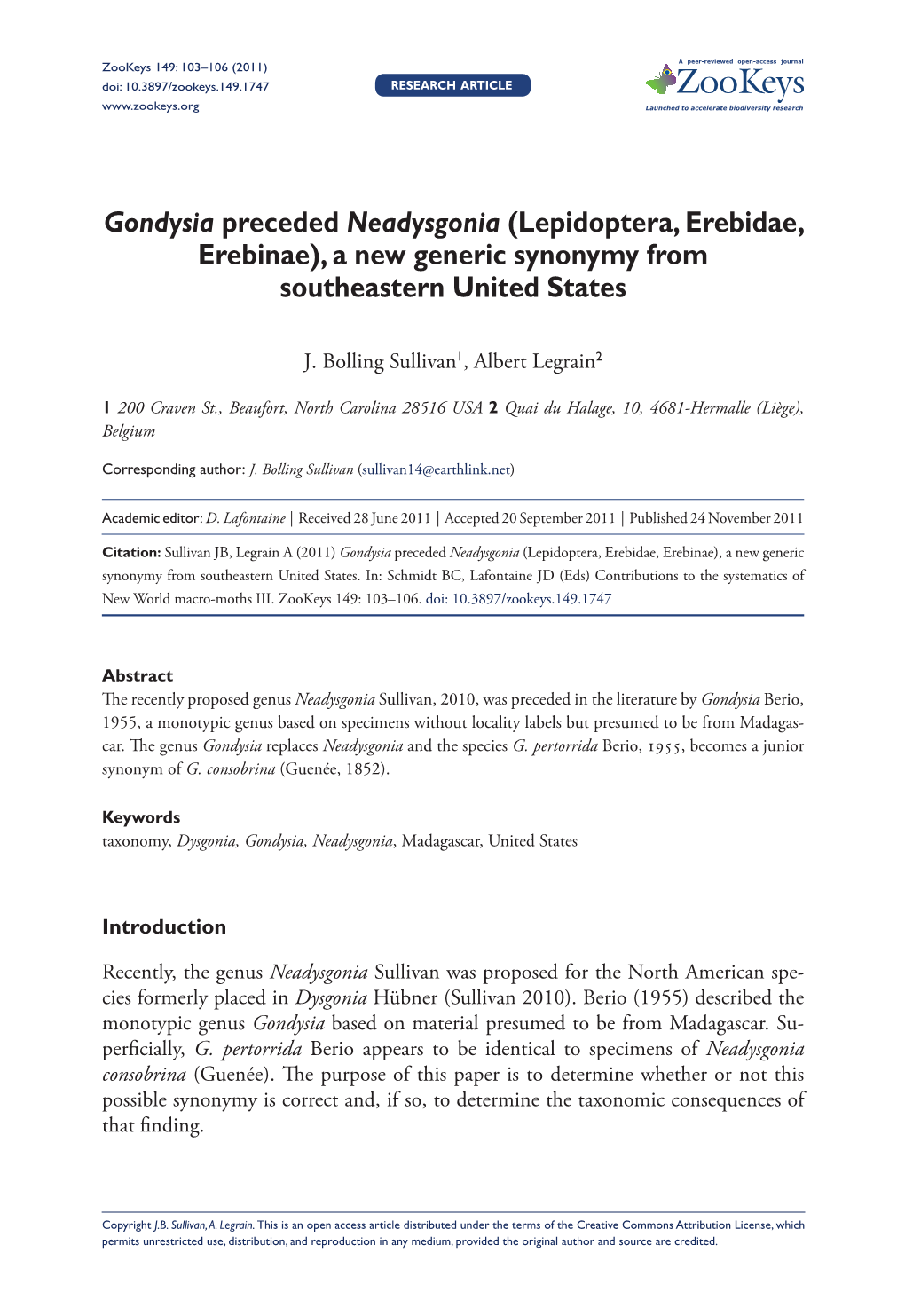 Gondysia Preceded Neadysgonia (Lepidoptera, Erebidae, Erebinae), a New Generic Synonymy from Southeastern United States